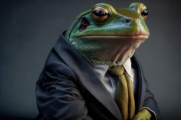  a frog in a suit and tie with his head turned to the side. Generative AI