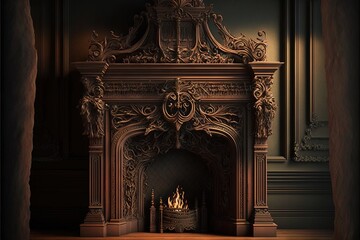 Canvas Print -  a fireplace with a lit candle in it in a room with a wall and a window in the background. Generative AI