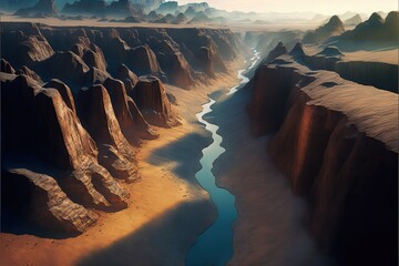 Canvas Print -  a river running through a desert landscape with mountains in the background and a river running through the middle of the desert. Generative AI