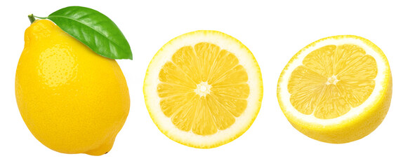 Poster - lemon fruit with leaves, slice, and half isolated, Fresh and Juicy Lemon, transparent png, PNG format, cut out.