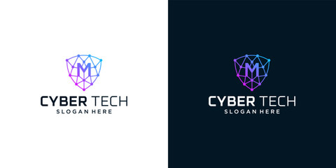 Cyber tech logo design template with initial letter M graphic design vector illustration. Symbol for tech, security, internet, system, Artificial Intelligence and computer.