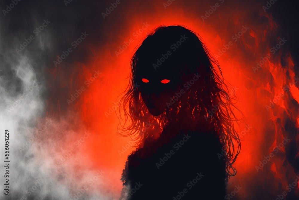 Scary evil spirit with glowing red eyes haunts the foggy woods at ...