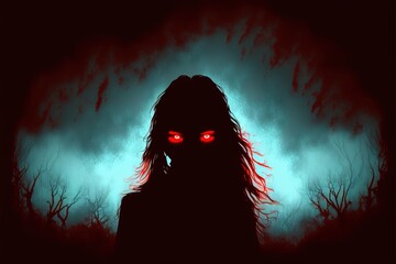 Wall Mural - Scary evil spirit with glowing red eyes haunts the foggy woods at midnight - dangerous undead ghostly apparition in form of female silhouette.