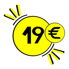 19 euro,nineteen euro black number in yellow circle with black border