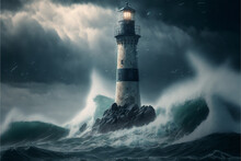 Lighthouse On A Stormy Day, Front View. Generated AI