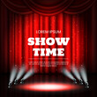 Red theater curtains, broadway casino background. Showtime award, cinema star lights, luxury open show hall. Drapery and spotlights. Banner template. Vector background 3D elements