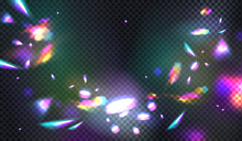 Diamond Lights. Sparkle Rainbow Effect. Crystal Glow Prism. Neon Flare. Gem Camera Filter. Iridescent Or Gradient Glare. Color Spectrum Flashes. Vector Abstract Transparent Background