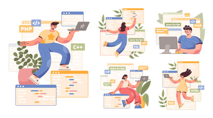 PC work. Computer programmer character. People in internet industry creating website. Programming language. Developers laptop screen window. Backend java coders set. Vector illustrations