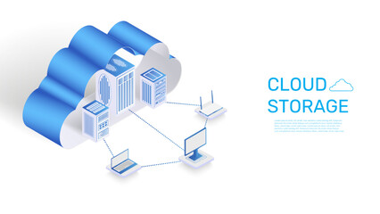 Aufkleber - Cloud storage. Computer business technology landing. Digital data processing. Isometric servers connected with laptop and web router. Network hosting. Vector internet website design