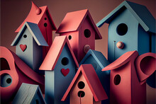 Background Of Light Red And Blue Birdhouses Of Various Shapes And Designs. Generative Ai