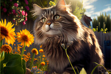 Long Haired Tabby Cat Enjoying Summer Outside. Generative Ai