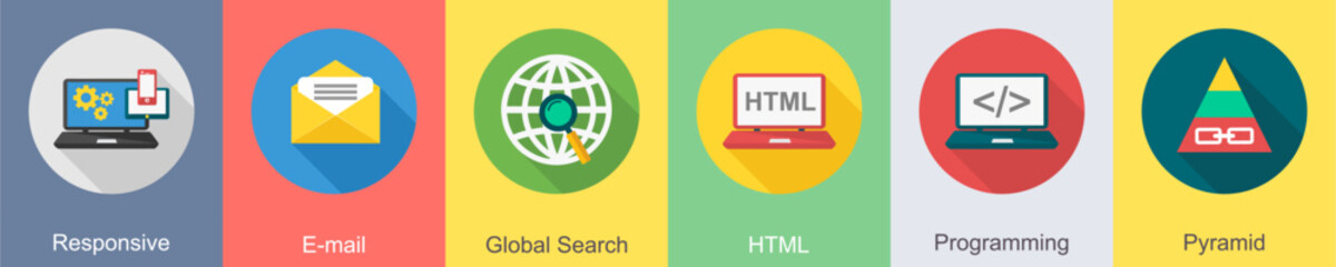 A set of 6 SEO icons as responsive, email, global search