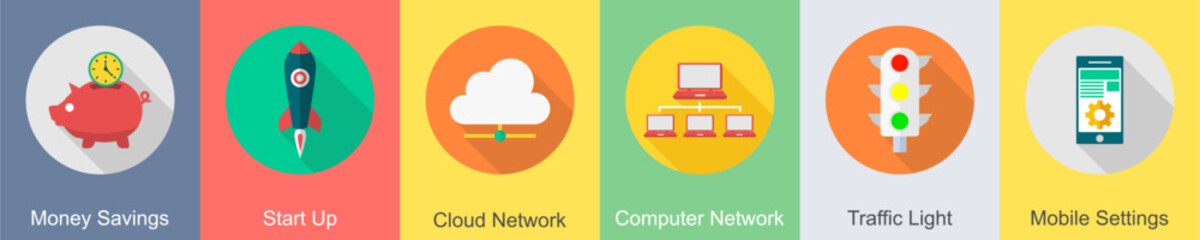 A set of 6 SEO icons as money savings, start up, boost up