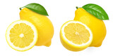 lemon fruit with leaves, slice, and half isolated, Fresh and Juicy Lemon, transparent png, PNG format, cut out.