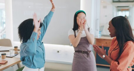 Canvas Print - Teamwork, hands huddle and business people applause, dance and celebrate goals, targets or achievement. Success, collaboration and group of women and friends dancing, clapping and celebrating victory