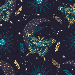 Wall Mural - elegant celestial seamless pattern with herbs. boho magic background with space elements stars, butt