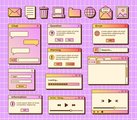 Vector set of retro vaporwave computer interface. Gradient browser and dialog window templates. Nostalgic OS. Retro icons.