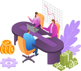 Wall Mural - Financial business consultation with flat people character vector illustration. Finance analysis web banner, consultant accounting company investment