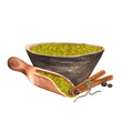 Hand-drawn watercolor ceramic bowl with cardaamom, wooden scoop with cardamom, cinnamon sticks and allspice
