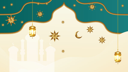 Colorful ramadan background design. Gold moon and abstract luxury islamic elements background with illustrations of mosques, moon and lanterns