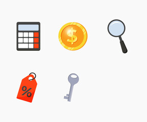 set of icons for business. calculator, discount, magnifier, key, coin. icons in vector style. icon design