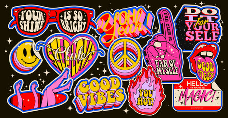 Set of the bright colored positive good vibes and motivational quotes and sayings with retro boho hippie elements isolated on black background. Vector illustration