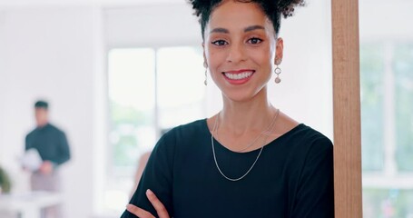 Poster - Black business woman, face and smile for leadership management success, positive mindset and employee goals vision standing in office. Corporate happiness, african manager portrait and motivation