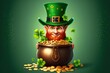 Happy St Patricks Character with pot full of golden coins, green hat and shamrock, Realistic design elements, copy space, Vector Illustration