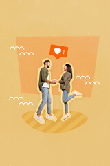 Sticker - Artwork magazine collage picture of sweet happy smiling couple celebrating 14 february isolated drawing background