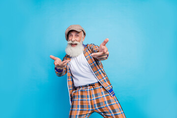 Sticker - Photo of charming cheerful retired man dressed plaid suit pointing fingers you having fun isolated blue color background