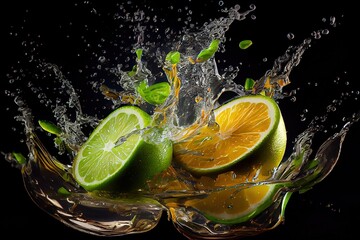 Fresh and juicy green and yellow lime slices dropping into water with splashes, black background, generative ai