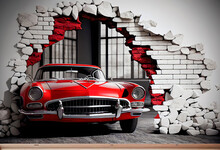 3d Mural Wallpaper Broken Wall Bricks And A Classic Red Car. World Map In A Colored Background. For Childrens And Kids Bed Room Wallpaper .