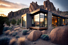 Contemporary Luxury Villa In A Stone Desert, Generative Ai