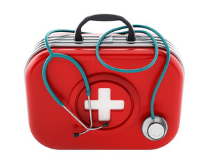 Stethoscope standing on first aid kit on transparent background.