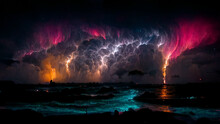 Beautiful And Colorful Thunder Storm In The Night Sky