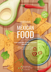 Mexican food flyer template. Crispy nachos with guacamole sauce and hot chili peppers. Vector illustration of traditional mexican food. Discount poster, banner flyer for cafe and restaurant