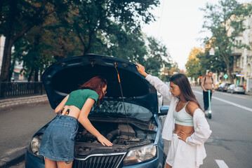 Sticker - Two women with broken car on the road. Open hood