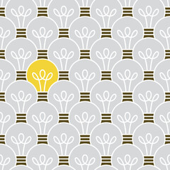 Wall Mural - idea concept, seamless pattern filled with light bulbs, one of which glows.
