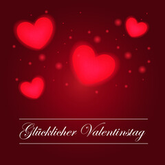 A beautiful Valentine's day card with glowing neon hearts and a red gradient and an inscription in German 