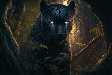 Panther in a dark forest with glowing eyes hunch background