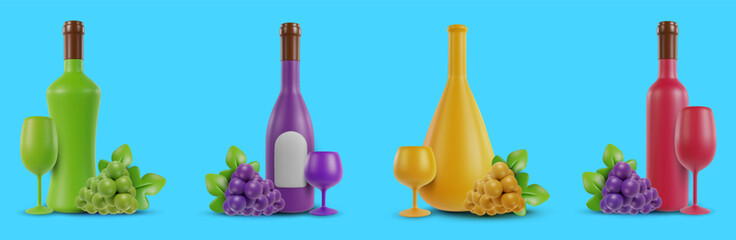 Wall Mural - Set 3d realistic composition with bottle, wine glass and grape. Vector object in modern minimal cartoon glossy style. Collection sweet colorful illustration isolated on blue background.