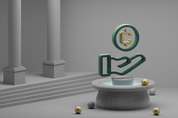 Leinwandbilder - Beautiful illustrations Coin hand Token symbol icon on a fountain and column background. 3d rendering illustration. Background pattern for design.