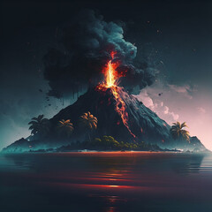 Image of a volcano erupting. Volcano on an island. Image generated with AI.