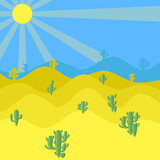 Fototapeta Dinusie - Vector Desert wavy landscape with dunes in a minimalist style. Flat design. Boho decor for prints, posters and interior design. Mid-century modern decor. Vector desert illustration.
