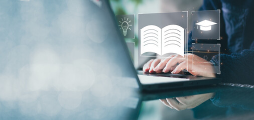Fototapete - Concept of Online education. man use Online education training and e-learning webinar on internet for personal development and professional qualifications. Digital courses to develop new skills..