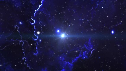 Wall Mural - slow journey through the vast blue cosmos through nebulae and galaxies to a shining bright star. abs