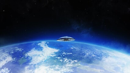Wall Mural - flying saucer ufo over earth atmosphere, outer space view rotating a spaceship flies through the ear