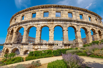Wall Mural - Pula Amphitheater, known as Coliseum of Pula, is a well-preserved Roman amphitheater in Pula, Croatia. A grand arena was constructed in 27 BC - 68 AD by the Roman empire.