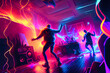 Illustration of dancing people in a club. Abstract illustration with paint splatters with vibrant colors and rainbow flag colors. Happy dancing at nightclub. Generative AI
