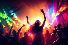Illustration Of Dancing People In A Club. Abstract Illustration With Paint Splatters With Vibrant Colors And Rainbow Flag Colors. Happy Dancing At Nightclub. Generative AI